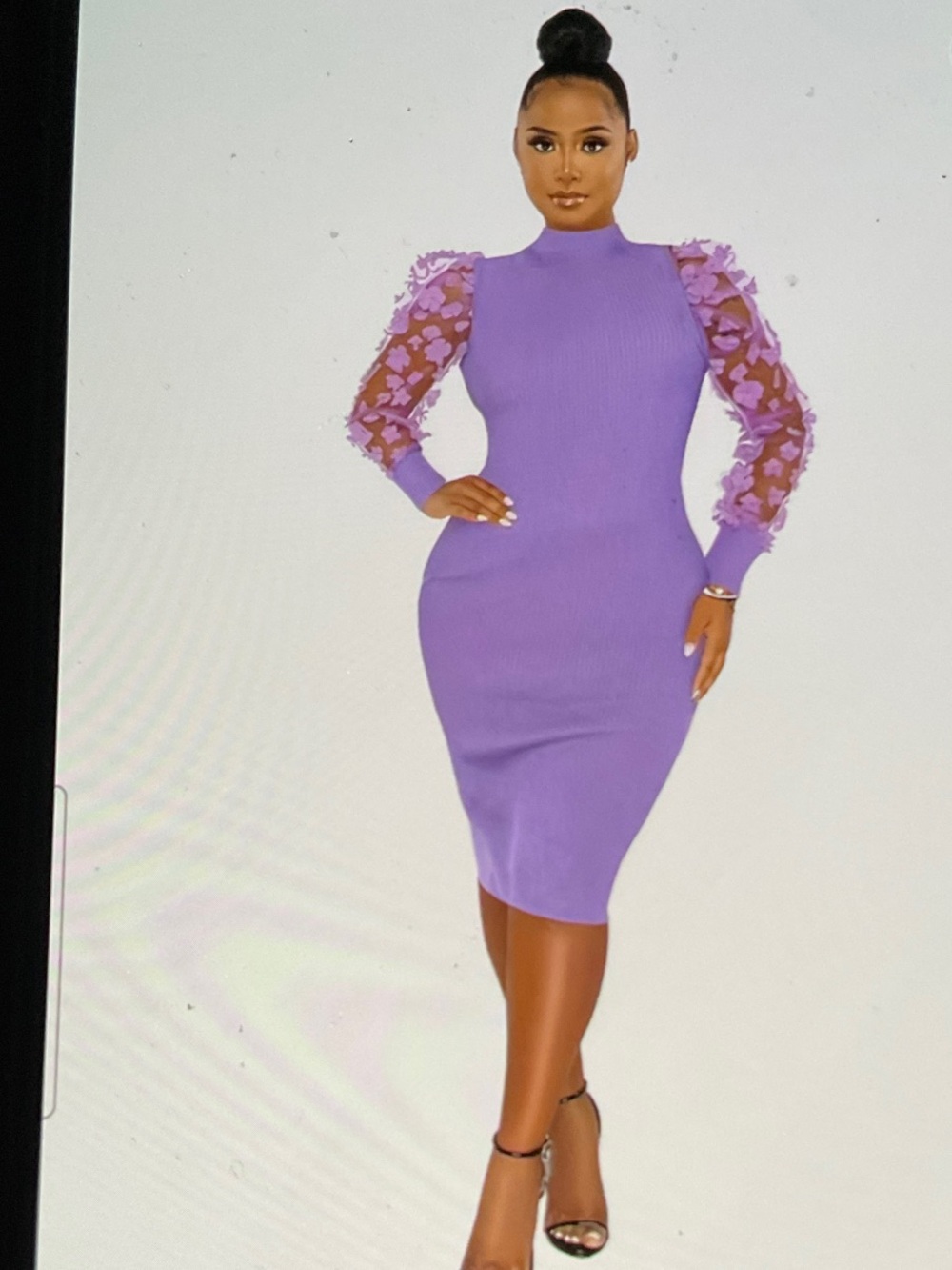 SHEIN Lilac Long-Sleeve Midi Dress with Sheer Floral Puff Sleeves**Fits Like 1X - Picture 2 of 11